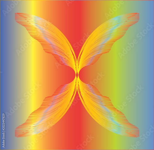 A vibrant abstract artwork featuring a glowing butterfly-like shape formed by flowing translucent wings in the center. The image blends bright rainbow gradient colors including red, orange, yellow, gr