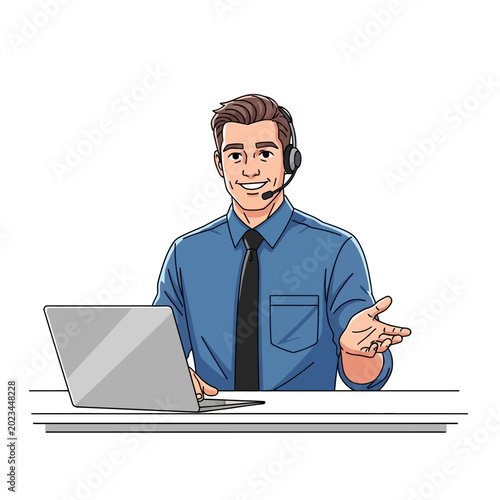 Cartoon man wearing headset working on laptop.