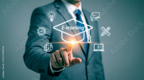E-learning digital education concept, businessman touching virtual graduation cap icon, online training and distance learning technology interface