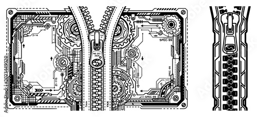 Schilderij op canvas Zipper opening to reveal mechanical gears and cybernetic technical circuitry in