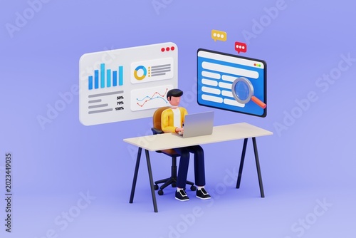 Tableau sur toile 3D illustration of SEO keyword research and data analysis workspace