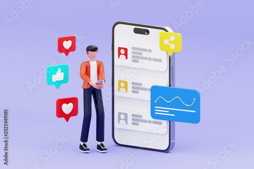 Obraz na plátně 3D illustration of Social media posting engagement and analytics on mobile