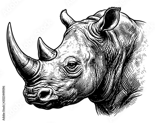Bild auf Leinwand Rhinoceros head portrait with large horns in detailed vintage engraving style
