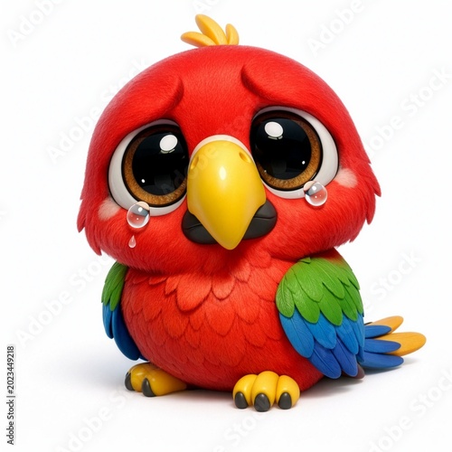 Sad Cartoon Red Parrot on a White Background