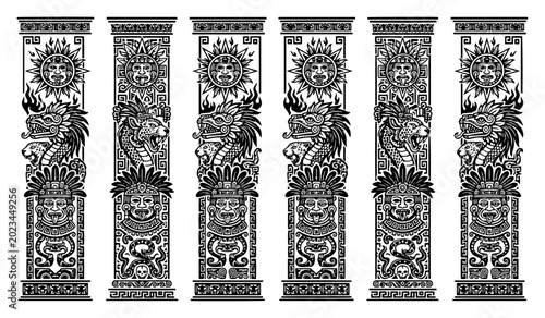 Fotografie Aztec ancient civilization pillars with feathered serpent and sun god motifs in