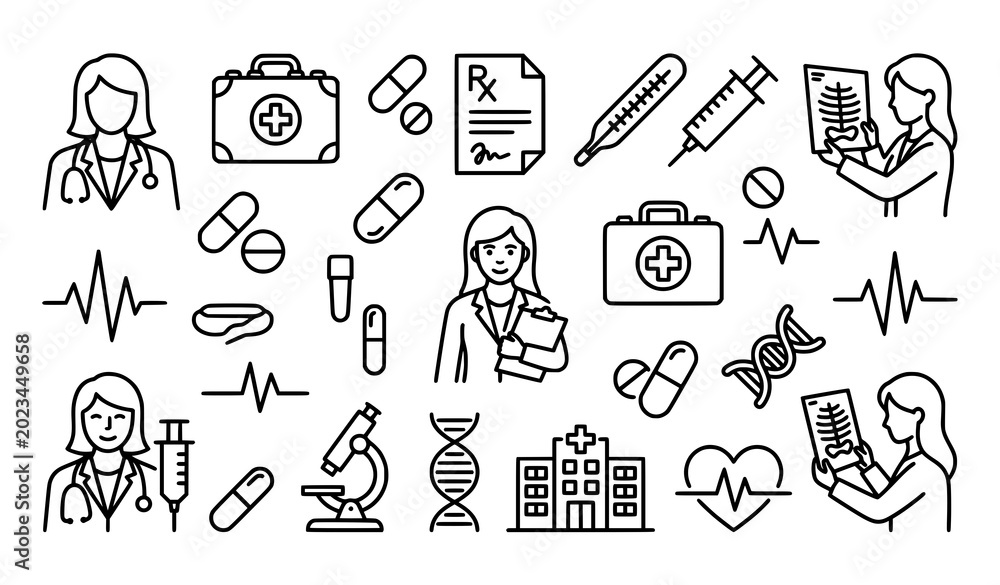 Naklejka premium Creative doctor outline vector icon set with minimalist healthcare and ECG symbols