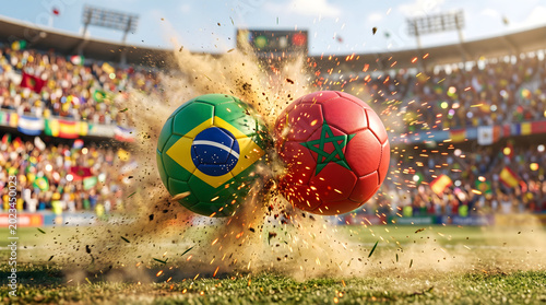 Two soccer balls, one with the Brazilian flag and the other with the Moroccan flag, collide dramatically on a grassy field in front of a cheering stadium crowd, creating a cloud of dust and debris.