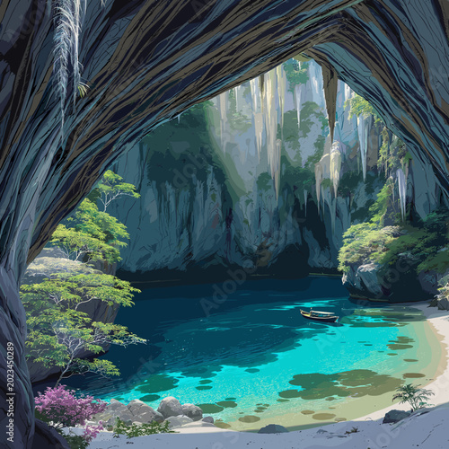 Φωτογραφία Breathtaking view from a natural cave opening overlooking a secluded turquoise water cove with a sandy beach and lush green cliffs