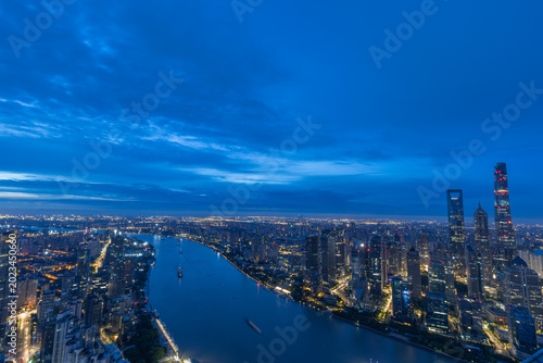 Photography Panoramic high-angle view of Shanghai Lujiazui skyline and Huangpu River at nigh
