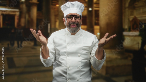 Konstfotografi Man chef in white uniform and hat raises both hands with pleading gesture in ornate church building, looking upward; contrition