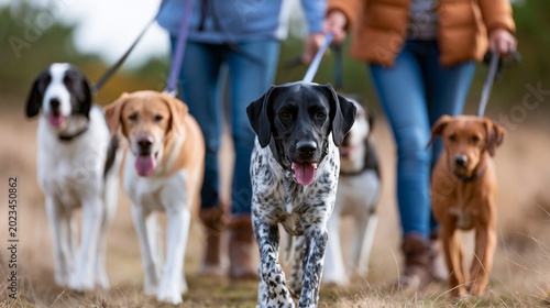 Professional dog walker managing four dogs outdoors, pet sitting service, group dog walk, faceless, defocused nature, with copy space