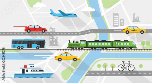 Diverse Transportation Methods on City Map - Travel and Commute Concept