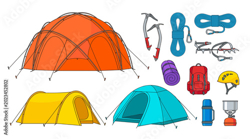 Schilderij op canvas Mountaineering Expedition and Camping Tent Vector Set Featuring Alpine Climbing