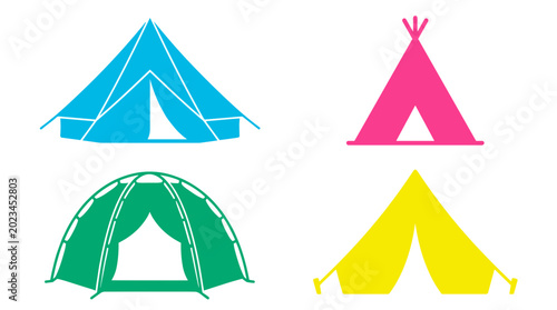 Bild auf Leinwand Minimalist Camping Tent Silhouette Icon Set Featuring Colorful Bell Tent Teepee