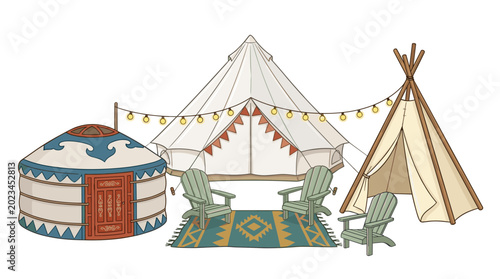 Bild auf Leinwand Luxury Glamping Tent Vector Set Featuring Traditional Yurt Bohemian Bell Tent Na