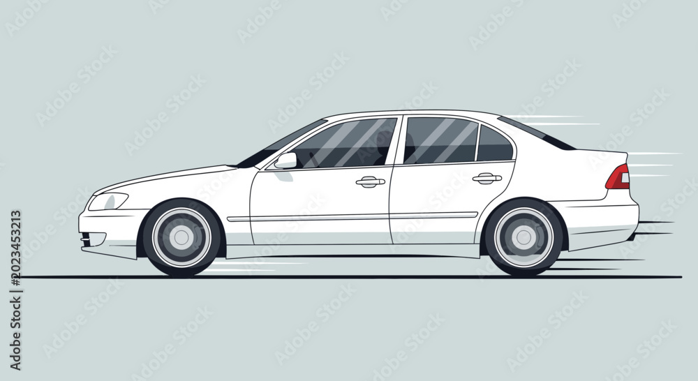 Naklejka premium White sedan car speeding on road illustration against a light gray background