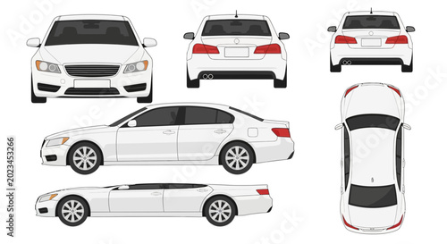 White sedan car vector illustration in various perspectives isolated on white
