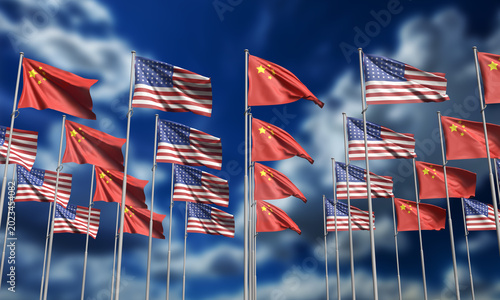 united state america us usa china chinese asia flag waving blue sky cloud white background conflict war crisis agreement economy business trade usa us america tariff global international industry usa