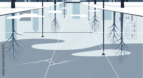 Winter reflection of city park street with bare trees and ice puddles