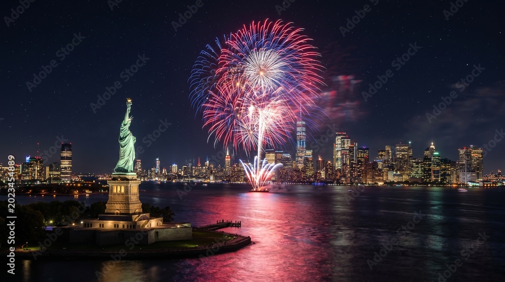 Naklejka premium Spectacular fireworks display exploding over New York City skyline and Statue of Liberty at night long exposure 4th of July