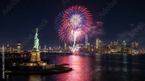 Spectacular fireworks display exploding over New York City skyline and Statue of Liberty at night long exposure 4th of July