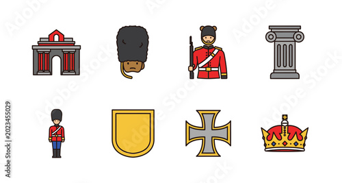Tableau sur toile British Icons Set Including Guards and Landmarks on Transparent Background