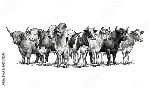 Cuadro en lienzo Engraved farm cattle breeds hand drawn monochrome vector illustration vintage li
