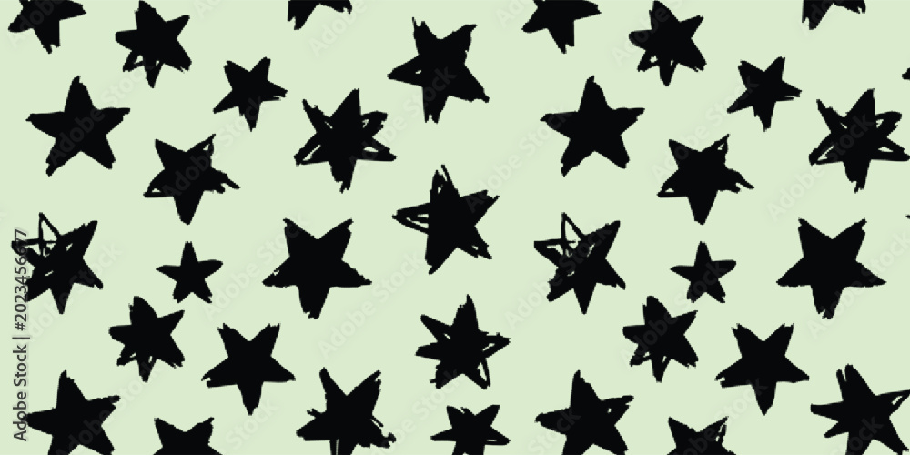 Fototapeta premium Hand Drawn Black Star Seamless Pattern on Pastel Green Background