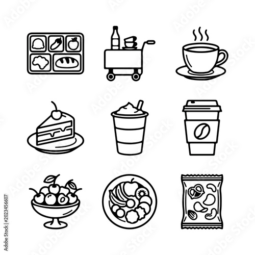 Food and drinks line icon set with hotel room service menu snacks and coffee isolated on white background