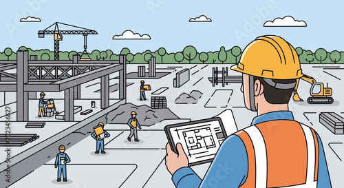 Construction worker with tablet overseeing building site with crane and excavator