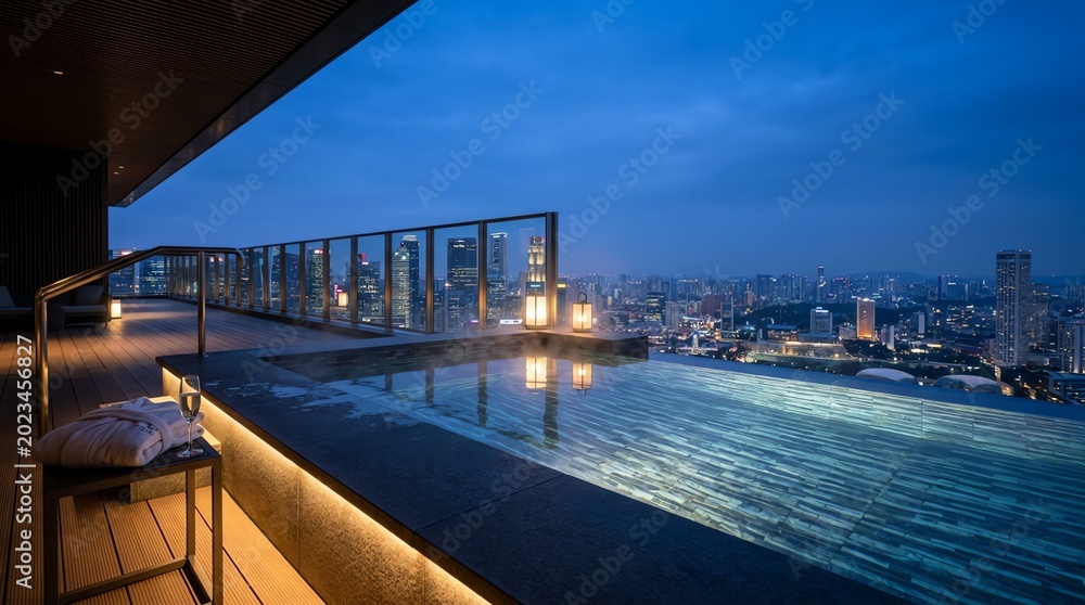 Fototapeta premium Luxury rooftop infinity pool overlooking a glowing city skyline at night captured in this serene and elegant outdoor travel photograph