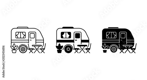 Camper Van Icons, Travel Trailer Graphics, Recreational Vehicle Set, Outdoor Adventure Camping Vector