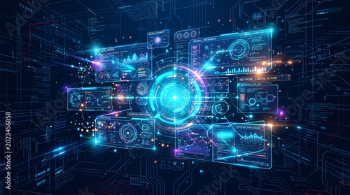 Futuristic Artificial Intelligence Neural Network Interface With Data Analytics Dashboard