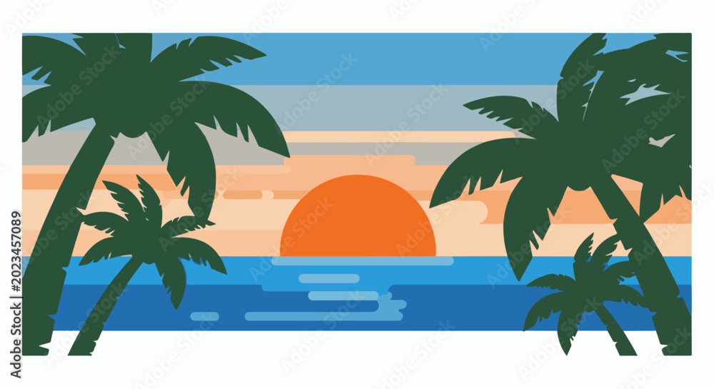 Obraz premium Tropical sunset with palm trees over a calm ocean, in a flat design
