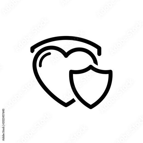 Black outline heart with shield for health protection concept.