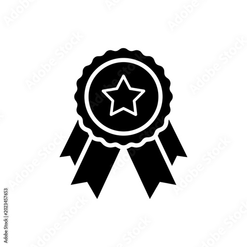 Black reward badge icon with star and ribbons.