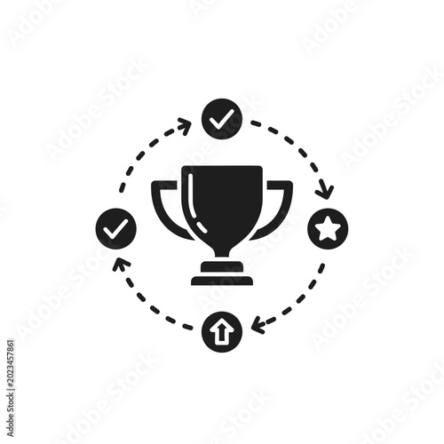 Black trophy icon with checkmark process path.