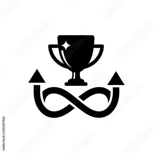Black trophy with infinity sign and upward arrows icon.