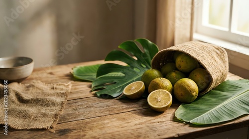 Fresh ripe lemons spilling from a rustic woven basket onto a wooden table surrounded by vibrant green tropical plant leaves