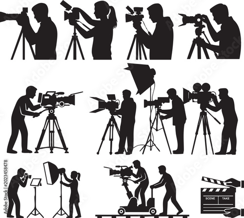 Fotografía Silhouette people working with film and photography equipment isolated on white