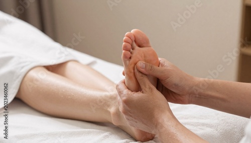 Foot reflexology being performed on a woman on a white towel in a relaxing spa