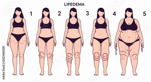 Five stages of lipedema progression shown in stylized human figures