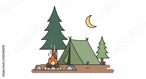 A simple illustration of a camping scene with a tent, campfire, and trees