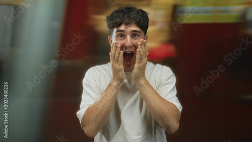 фотографія Man with hands covering mouth and raised palms at train station building; surprise unexpected moment