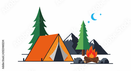 Camping scene with tent, campfire, trees, and mountains at night