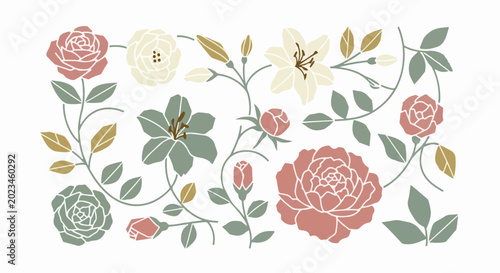 Decorative floral pattern with roses, lilies, and leaves in muted colors