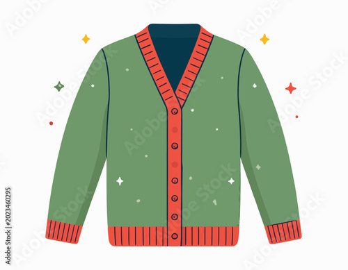 Festive green cardigan with red trim and subtle sparkle accents