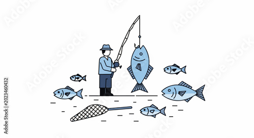 Fisherman with hat and net, holding rod, catching big fish