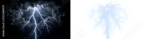 Photos Powerful lightning bolt in dark stormy clouds on a black background and transpar