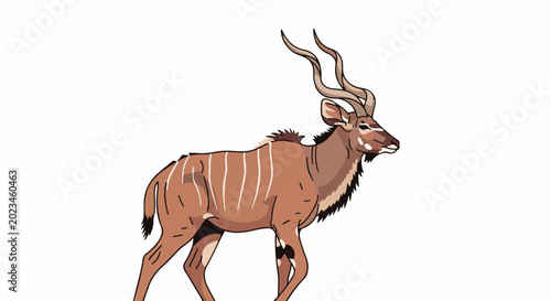 A stylized illustration of a greater kudu antelope with striped fur and large spiraling horns
